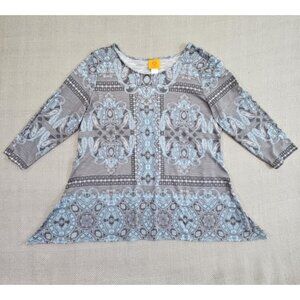 Ruby Rd. Women's Large Blue Gray Embellished Kaleidoscope Paisley Printed Top LN